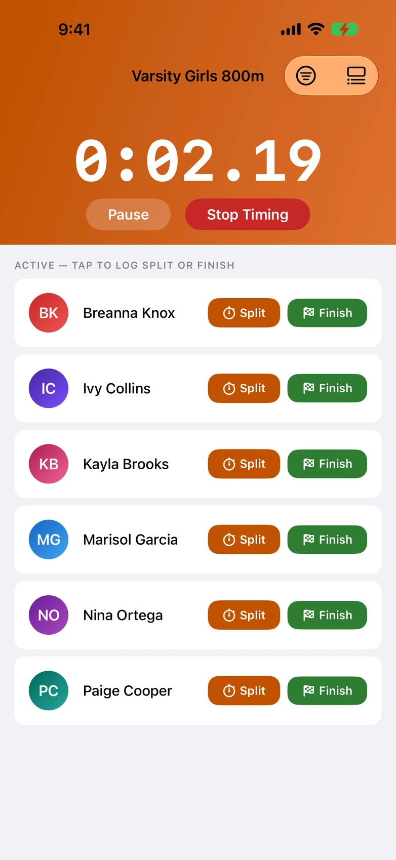 Track Team Timer — mid-race timer, several athletes running