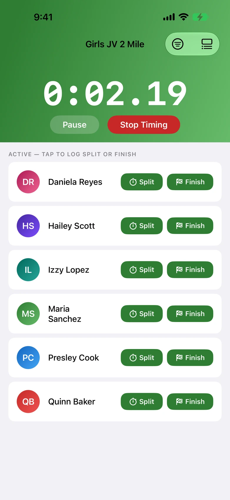 XC — mid-race timer with splits