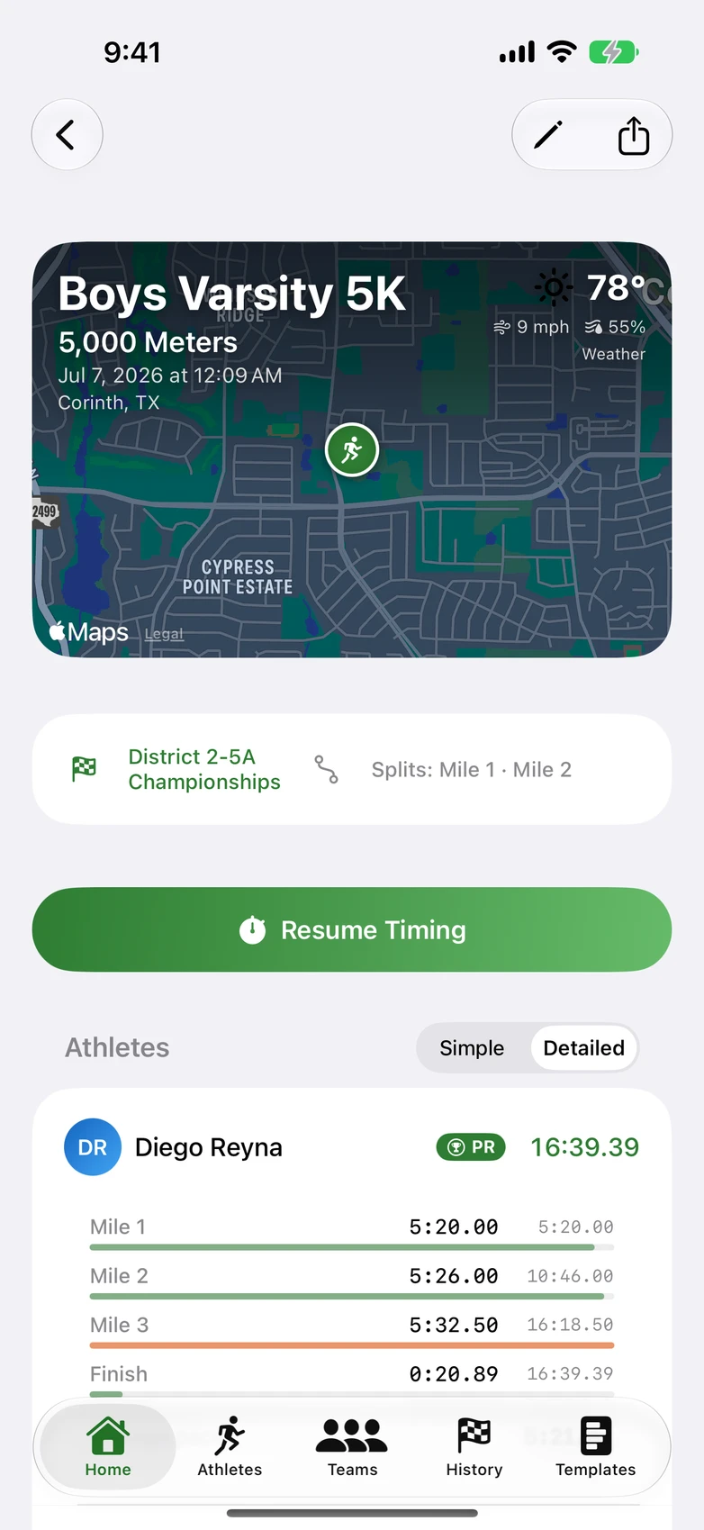 race detail with map header + weather