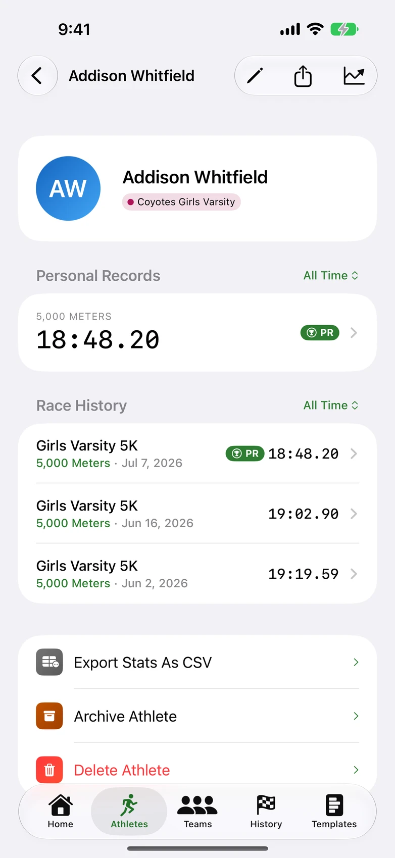 athlete profile with PR badges