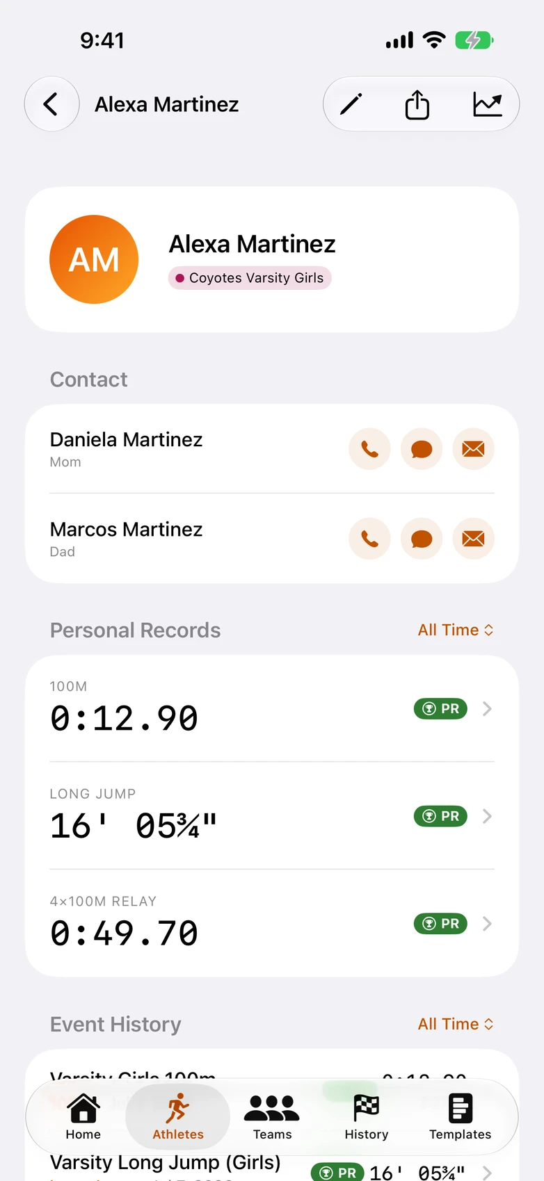 Track Team Timer — athlete profile with PR badges