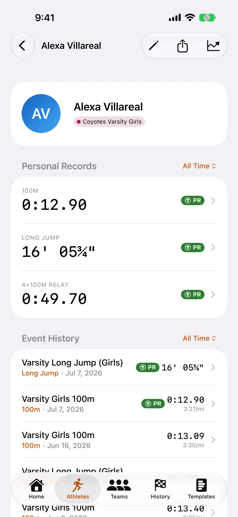 athlete profile with PR badges