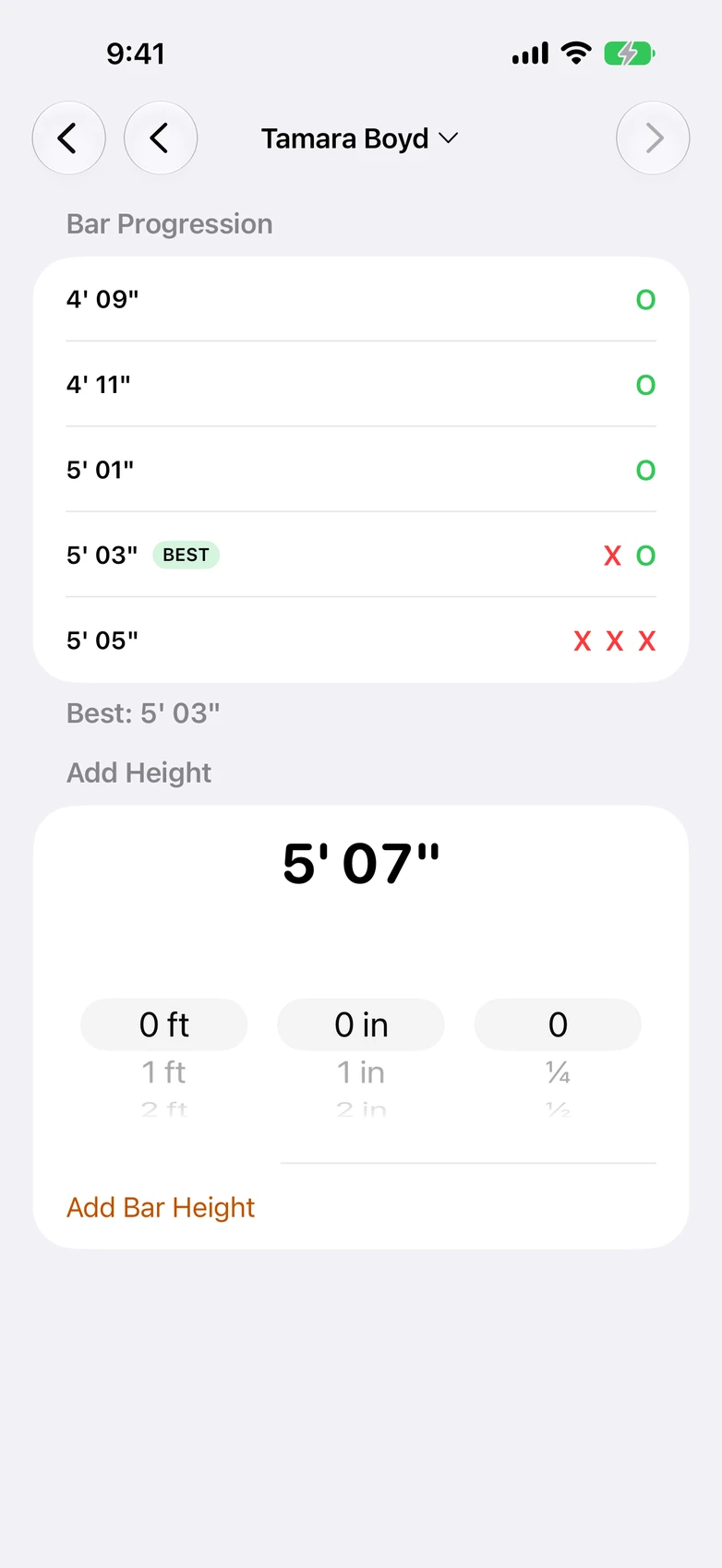 vertical event O/X/Pass bar-progression grid