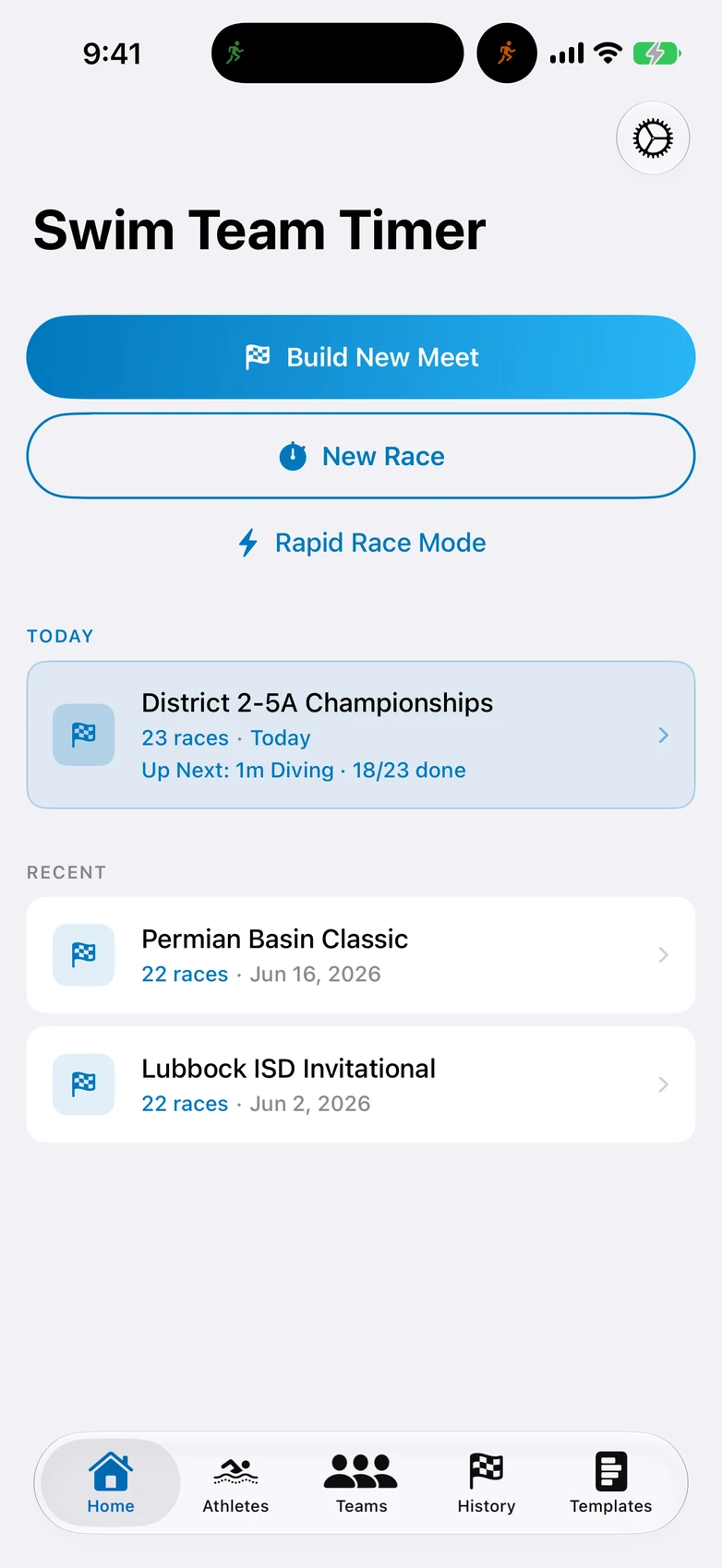 home dashboard, today's meet card